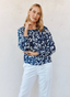 Ruffle Neck Raglan Button Down - Indigo Bloom Print
