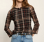 Mesh 3/4 Sleeve Top- Cinder Plaid