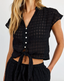 Short Sleeve Tie Front Blouse - Black