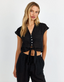 Short Sleeve Tie Front Blouse - Black