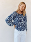 Ruffle Neck Raglan Button Down - Indigo Bloom Print